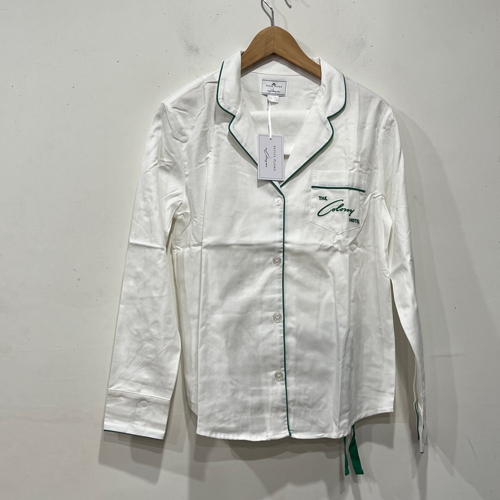 Petite Plume x The Colony Hotel 2 pcs White Cotton Green Piping PJ size S - Picture 5 of 16